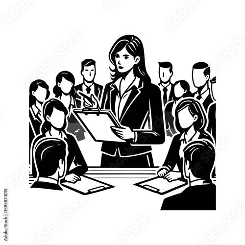 A woman with a clipboard briefing a group