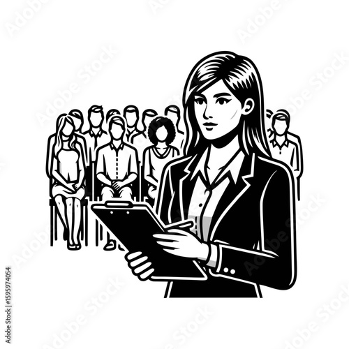 A woman with a clipboard briefing a group