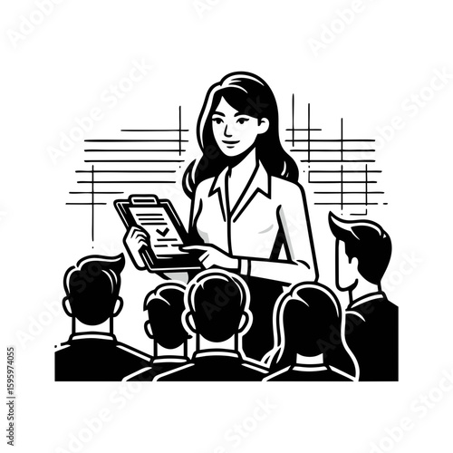 A woman with a clipboard briefing a group