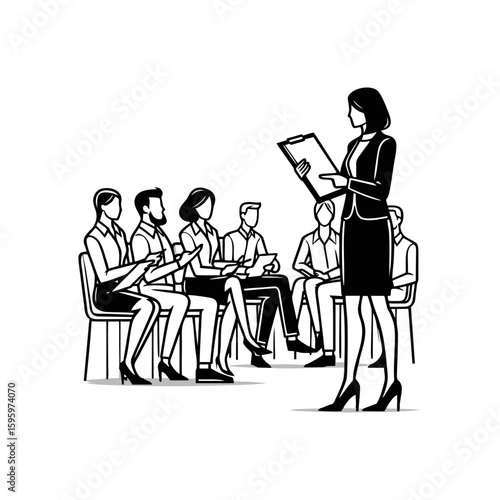 A woman with a clipboard briefing a group