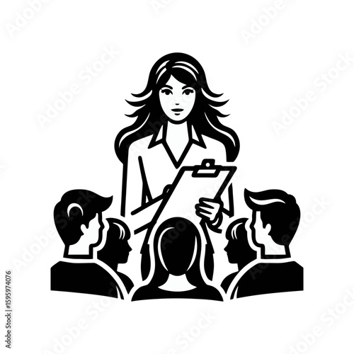 A woman with a clipboard briefing a group