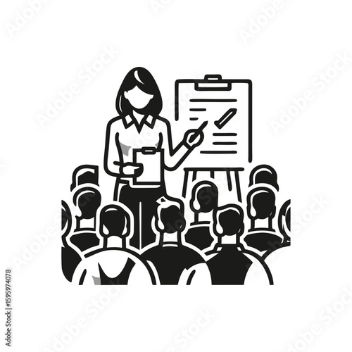A woman with a clipboard briefing a group
