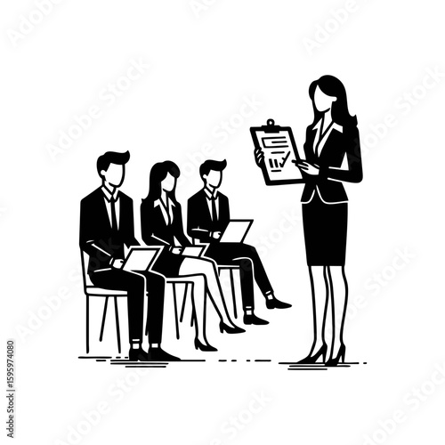 A woman with a clipboard briefing a group