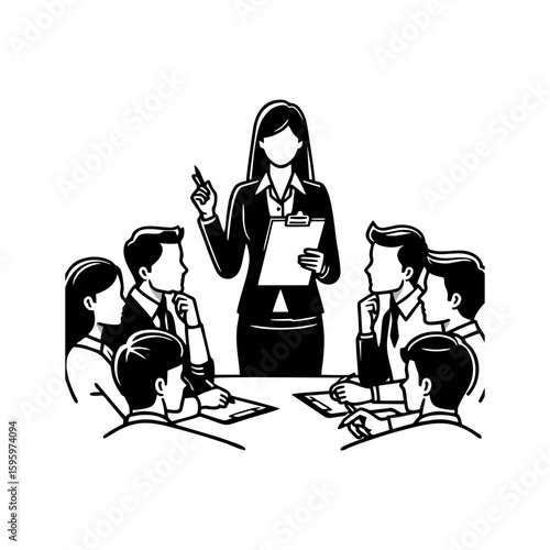 A woman with a clipboard briefing a group