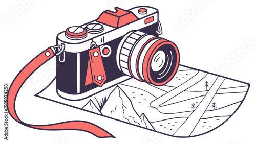 Illustrated Vintage Camera and Map for Travel Adventures.