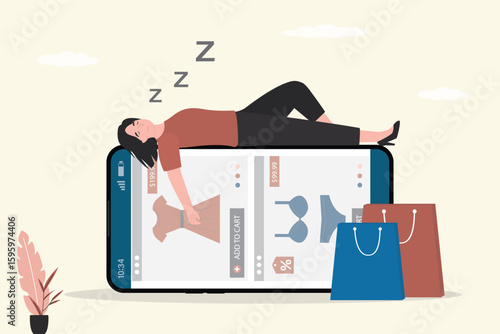 Lazy tired woman lying and sleep on smartphone after internet shopping. Depression, shopping addiction, apathy. Fatigue from online purchases and using mobile shop app