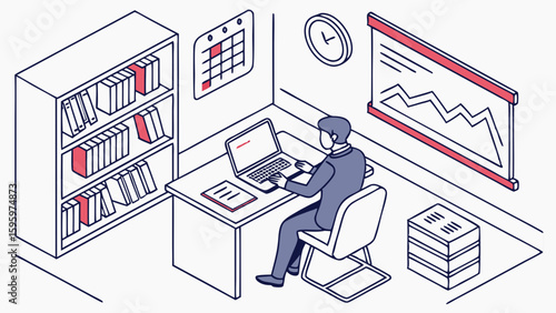 Isometric Illustration of a Businessman Working at His Desk in an Office.