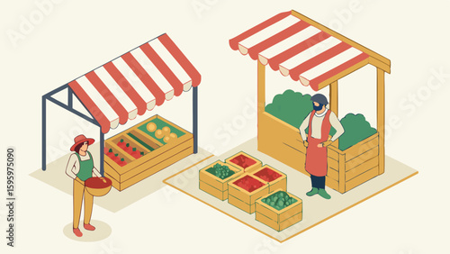Isometric Illustration of a Farmers Market with Vendors and Produce.