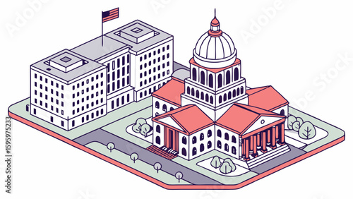 Isometric Illustration of a Government Building with Dome and Flag.