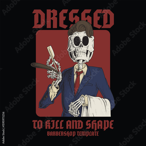 Vintage Skeleton Barber Mascot with Suit and Straight Razor
