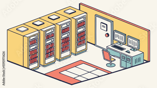 Isometric Illustration of a Modern Server Room with Workstation.