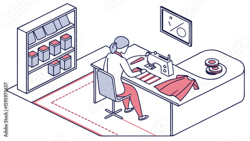 Isometric Illustration of a Tailor at Work.