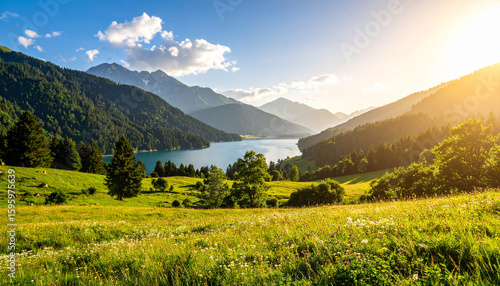 View of a lake between green mountains with warm sunset and bright cloudy sky.