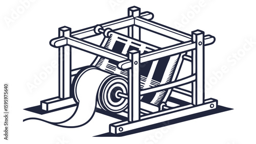 Isometric Illustration of a Vintage Weaving Loom with Fabric.