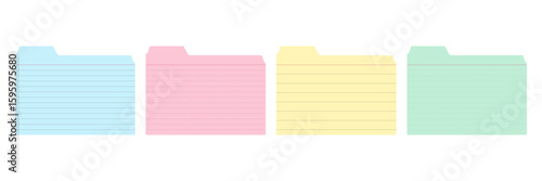 Colorful index card set for study notes and data organization. Blank lined pastel flashcards for learning and information display. Vector
