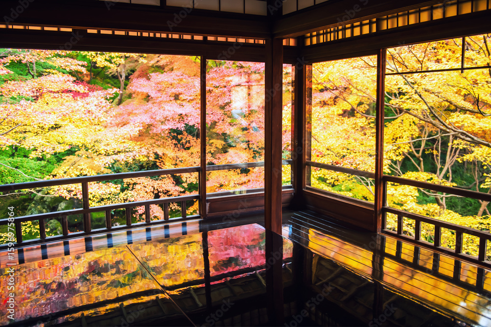 Fototapeta premium Rurikoin Temple upper floor room with autumn leaf colors, Kyoto