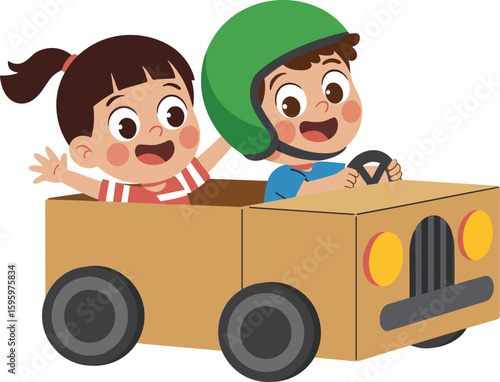 Kids pretending to drive cardboard car, wearing helmet, playful children, creative imagination, joyful childhood activity, safe fun, toy vehicle scene.