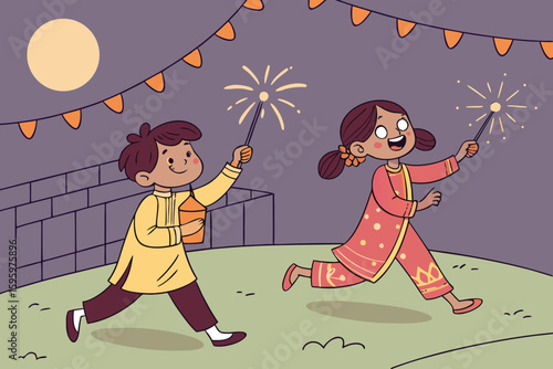 Kids in traditional outfits running with sparklers and lanterns during a joyful festival night under warm string lights