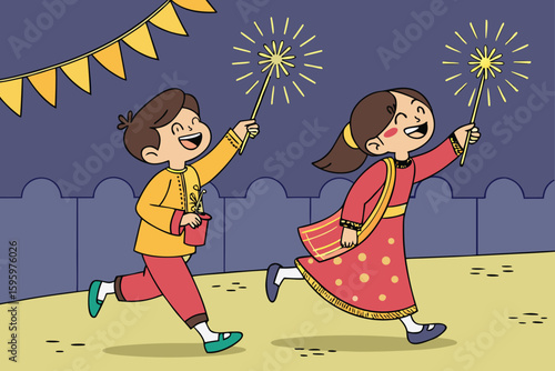Children in ethnic festival clothes running joyfully with lanterns and sparklers under moonlit rooftop lights