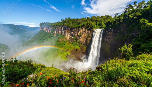 Tall waterfall with small rainbow