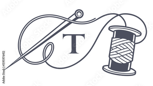 Ornate Sewing Thread and Needle Design with Initial T.