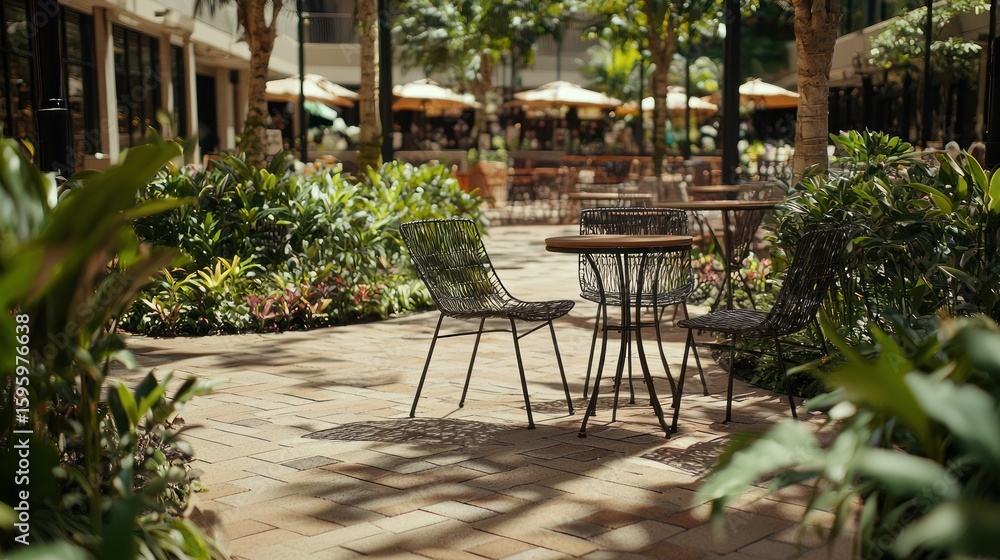 Obraz premium Outdoor patio area with stylish furniture and lush greenery.