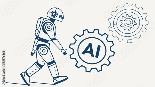 Robot Walking Beside Gears with AI Text Outline Style.