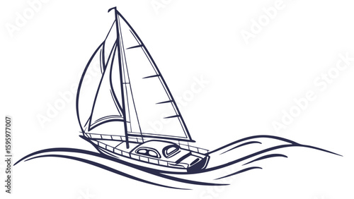 Sailboat Sailing on Ocean Waves Line Art Illustration.