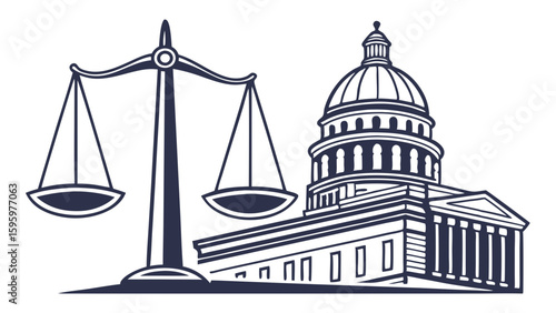 Scales of Justice and Capitol Building Silhouette Illustration.