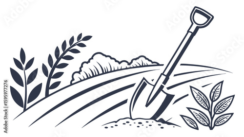 Shovel in a field with plants soil and distant trees illustration.