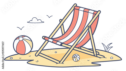 Striped Beach Chair and Beach Balls on Sandy Beach.