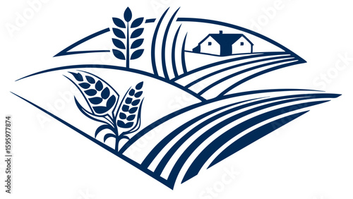 Stylized Illustration of a Farm Scene with Wheat and House.