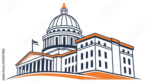 Stylized Illustration of a Government Building with Dome and Flag.
