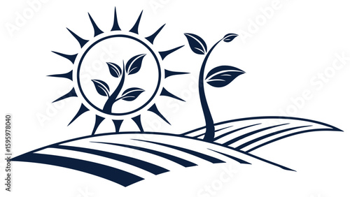 Stylized Landscape with Sun Seedling and Fields Illustration.