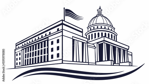 Stylized Line Drawing of a Government Building with Dome and Flag.