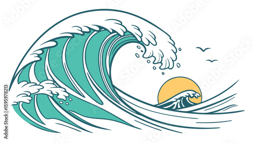 Stylized Ocean Wave with Birds and Setting Sun Illustration.