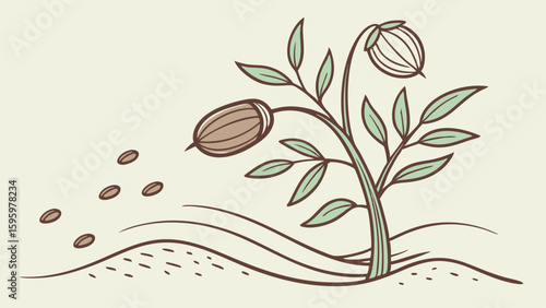 Stylized Plant with Seed Pods and Scattered Seeds Illustration.