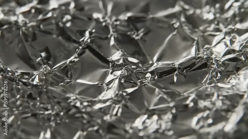 Close-up view of crumpled aluminum foil reflecting light, creating a textured and shiny surface