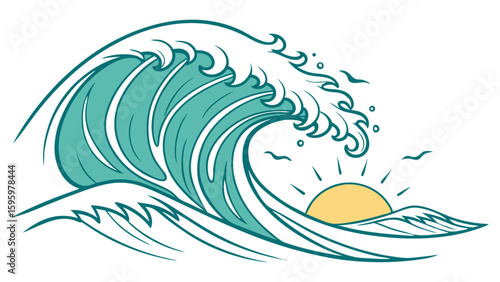 Teal Ocean Wave Crashing with Rising Sun Illustration.