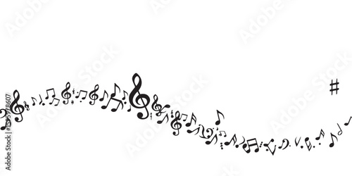 Stylish vector illustration of music notes and clefs arranged in a dynamic swirling pattern