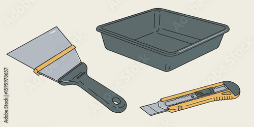 Clean vector illustration of essential drywall tools, including taping knife, mud pan, and utility knife