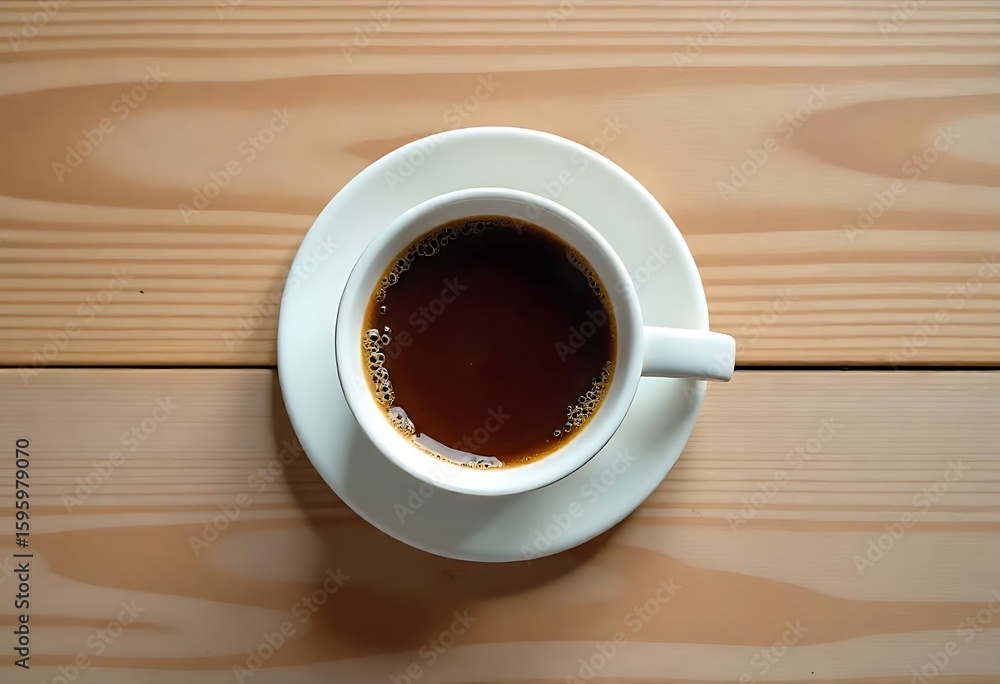 Obraz premium Generative AI coffee cup on wooden table, top down shot with beautiful lighting and design