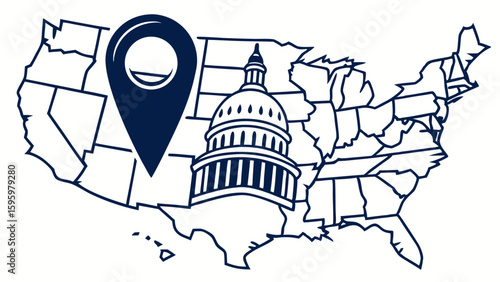 US Map with Capitol Building and Location Marker.