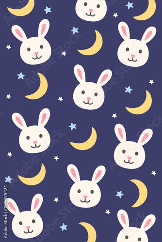 Cute rabbits, crescent moons, and stars scattered on dark blue. Perfect for nighttime-themed designs, baby apparel, or cozy celestial wallpapers.