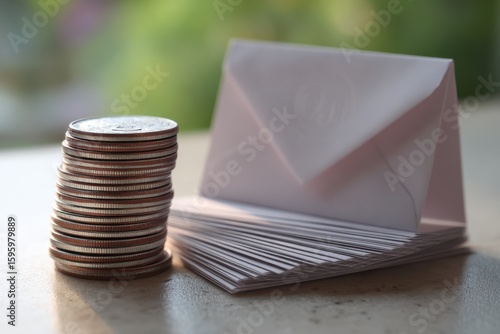 Stacked coins beside a pile of envelopes on a table with a blurred green background
