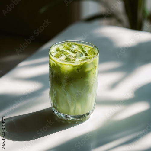 Iced matcha latte in glass