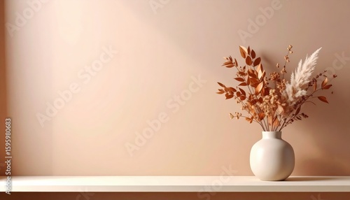 Decorative arrangement of dried flowers in a minimalist vase modern interior still life warm tones close-up home decor inspiration