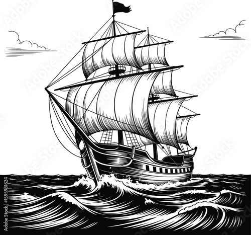 Vintage Sailing Ship on Rough Sea with Tall Sails Vector Clipart.

