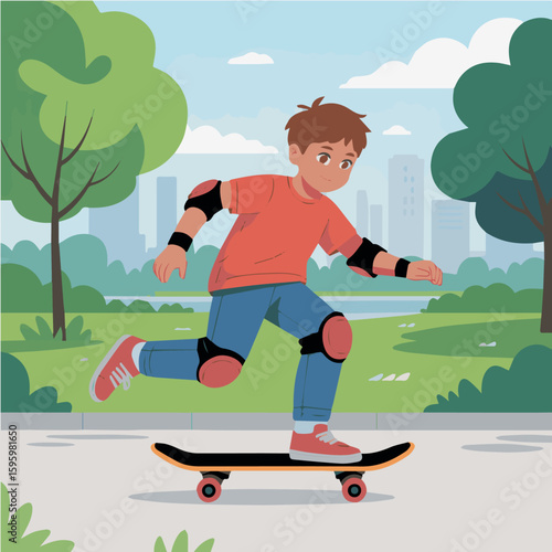 Clean and modern vector  boy skateboarding in park with safety gear enjoying outdoor activity and urban scenery on sunny day scene