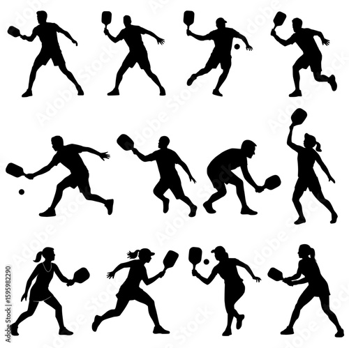 Set of male and female Pickleball player silhouettes in various poses